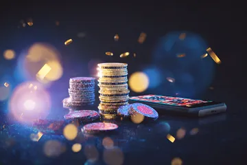 A glowing roulette wheel with cascading chips, symbolizing the engaging live and instant-win games available on 7Z777.